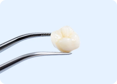 Dental tweezers holding a white ceramic tooth crown against a light blue background