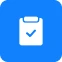 Blue clipboard with check mark icon