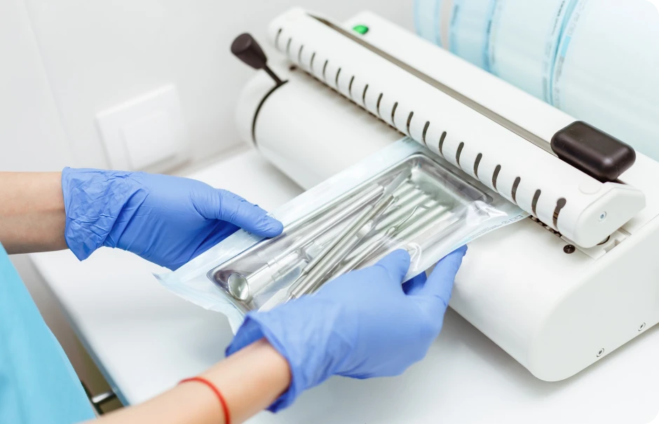 Gloved hands placing packaged dental instruments into a sterilization machine