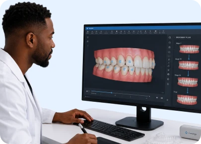 Dentist viewing a digital clear aligner treatment plan on a computer