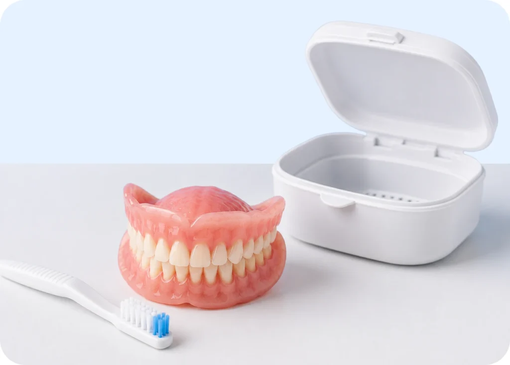 Removable full denture set resting beside a toothbrush and an open denture storage case