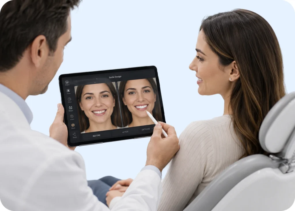Dentist and patient reviewing a smile simulation on a tablet during smile enhancement planning