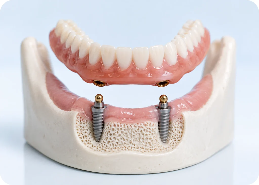 Model of a lower snap-on denture attaching to two dental implants in the jaw